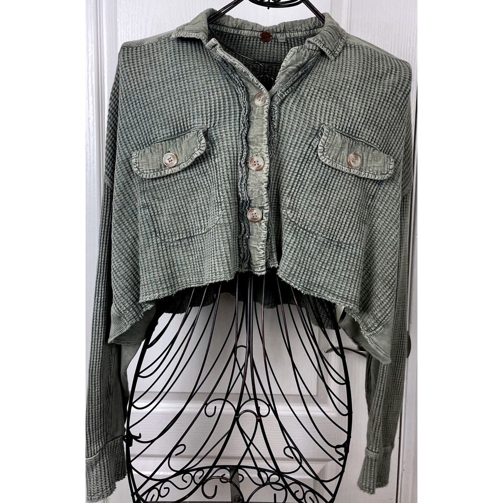 Free People Boho Army Green Waffle Knit Cropped Henley Thermal Top Shirt Small